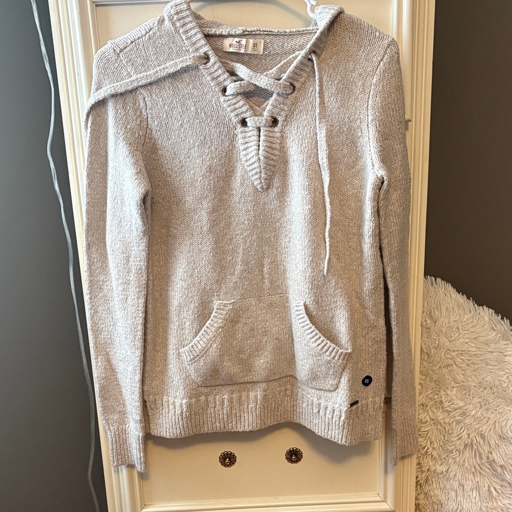 Hollister Cream V-Neck Sweater with Lace-Up Detail